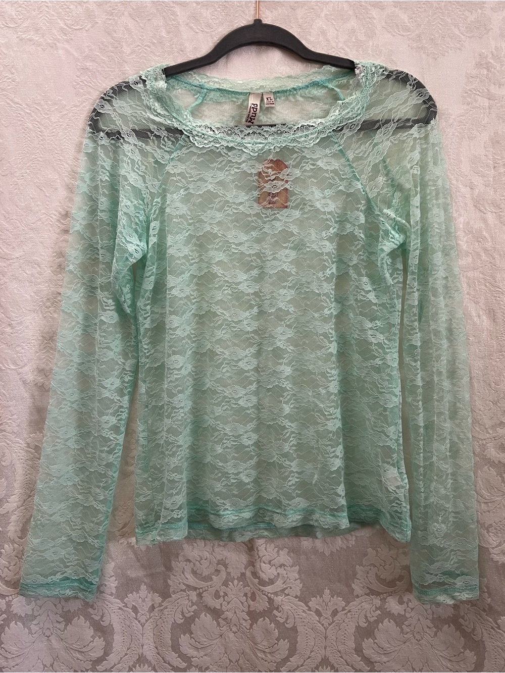 Mudd NWT All-Over Floral Stretch Mint Green Sheer Lace Long-Sleeve Top Size XL